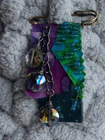 OOAK Beaded Textile Brooch - Teal, Purple, Blue