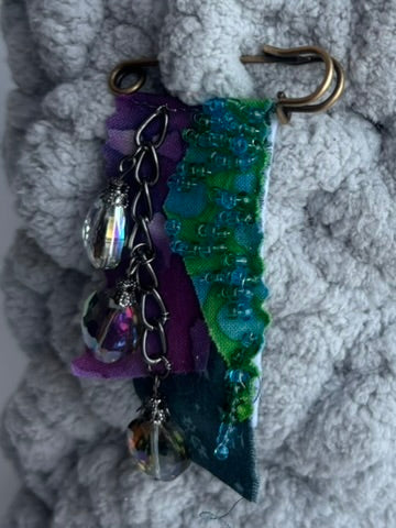 OOAK Beaded Textile Brooch - Teal, Purple, Blue