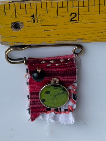 OOAK Textile Brooch - Vintage bead and charm -red, black, white