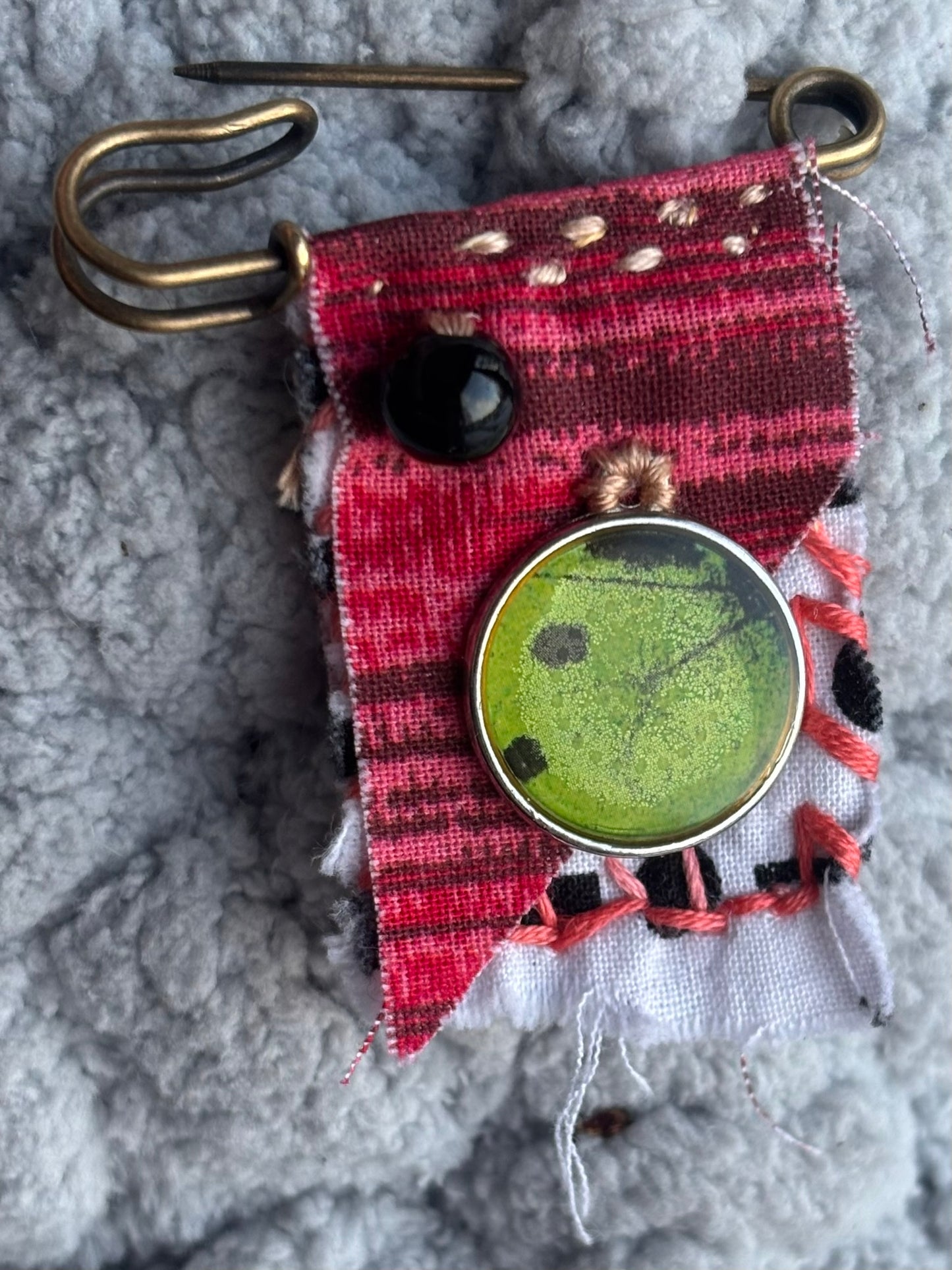OOAK Textile Brooch - Vintage bead and charm -red, black, white