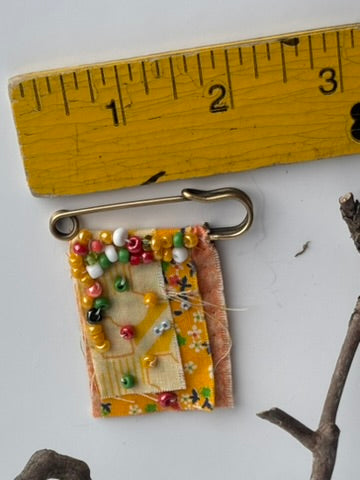 OOAK Beaded Textile Brooch - Yellow, Orange