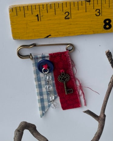 OOAK Textile Brooch - red, blue, vintage button, new charm