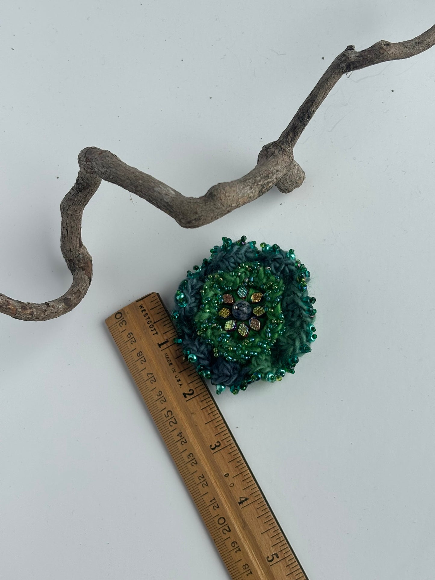 OOAK Dusky Green & Blue Crocheted Flower Brooch