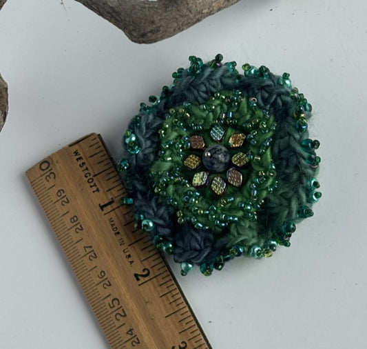OOAK Dusky Green & Blue Crocheted Flower Brooch