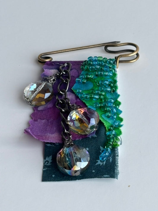 OOAK Beaded Textile Brooch - Teal, Purple, Blue