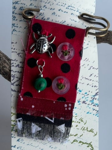 OOAK Hand Sewn Textile Brooch - new charms, vintage buttons - red, green, black, mixed metals