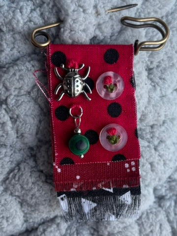 OOAK Hand Sewn Textile Brooch - new charms, vintage buttons - red, green, black, mixed metals