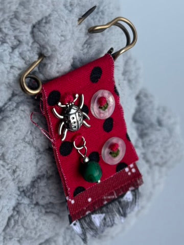 OOAK Hand Sewn Textile Brooch - new charms, vintage buttons - red, green, black, mixed metals