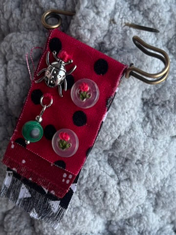 OOAK Hand Sewn Textile Brooch - new charms, vintage buttons - red, green, black, mixed metals