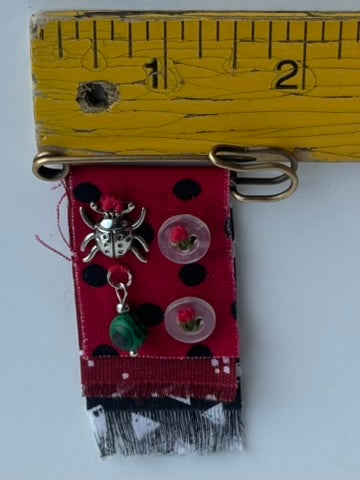 OOAK Hand Sewn Textile Brooch - new charms, vintage buttons - red, green, black, mixed metals