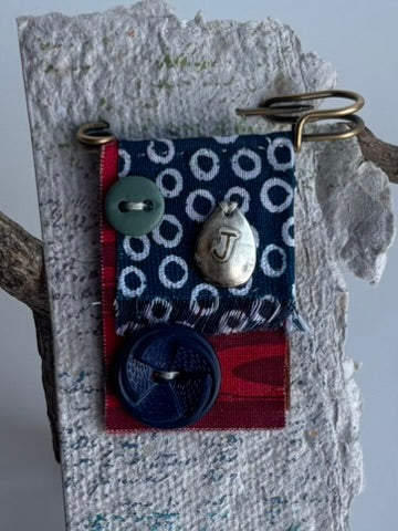 OOAK Textile Brooch - Vintage Buttons, New charm - blue, red, sage green, mixed metals