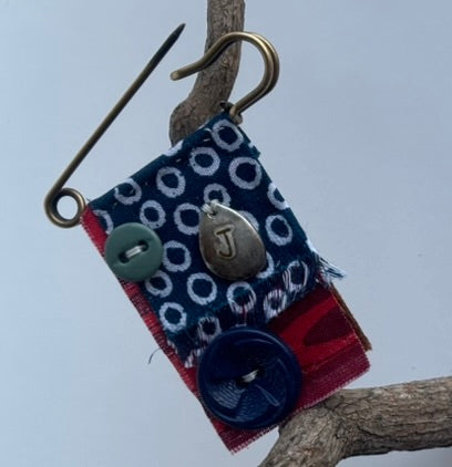 OOAK Textile Brooch - Vintage Buttons, New charm - blue, red, sage green, mixed metals