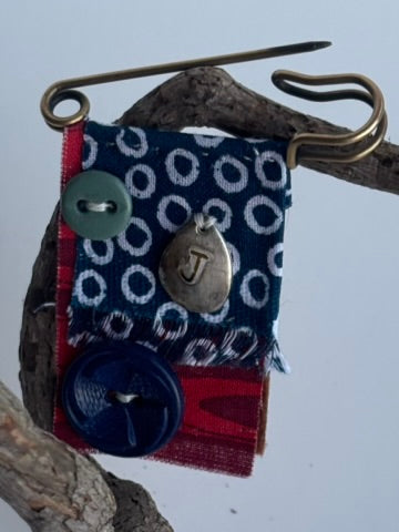 OOAK Textile Brooch - Vintage Buttons, New charm - blue, red, sage green, mixed metals