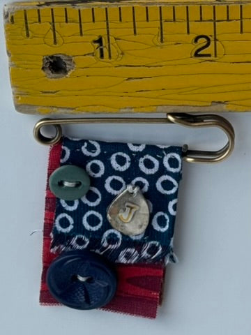 OOAK Textile Brooch - Vintage Buttons, New charm - blue, red, sage green, mixed metals