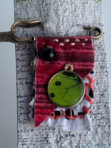 OOAK Textile Brooch - Vintage bead and charm -red, black, white