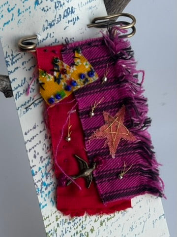 OOAK Textile Brooch - new charm, vintage seed beads - red, pink, black, yellow