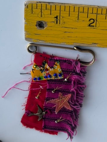 OOAK Textile Brooch - new charm, vintage seed beads - red, pink, black, yellow