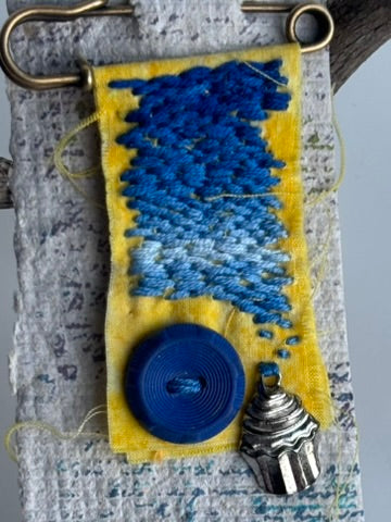 OOAK Textile Brooch - blue ombre, yellow, mixed metals - vintage button, new charm
