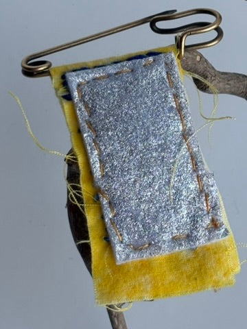 OOAK Textile Brooch - blue ombre, yellow, mixed metals - vintage button, new charm