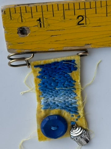 OOAK Textile Brooch - blue ombre, yellow, mixed metals - vintage button, new charm