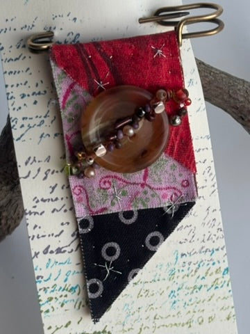 OOAK Saturn Textile Brooch - Vintage brown button, new & vintage beads - red, pink, brown, black