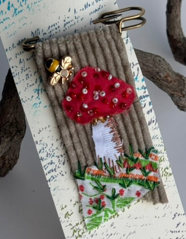 OOAK Mushroom Textile Brooch - bee charm, red mushroom, vintage seed beads