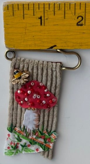 OOAK Mushroom Textile Brooch - bee charm, red mushroom, vintage seed beads