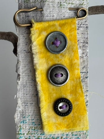 OOAK Textile & Vintage Buttons Brooch - yellow, pewter buttons