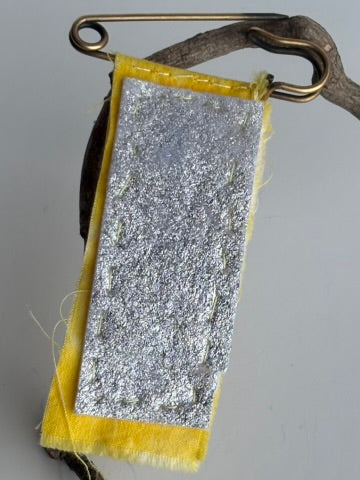OOAK Textile & Vintage Buttons Brooch - yellow, pewter buttons
