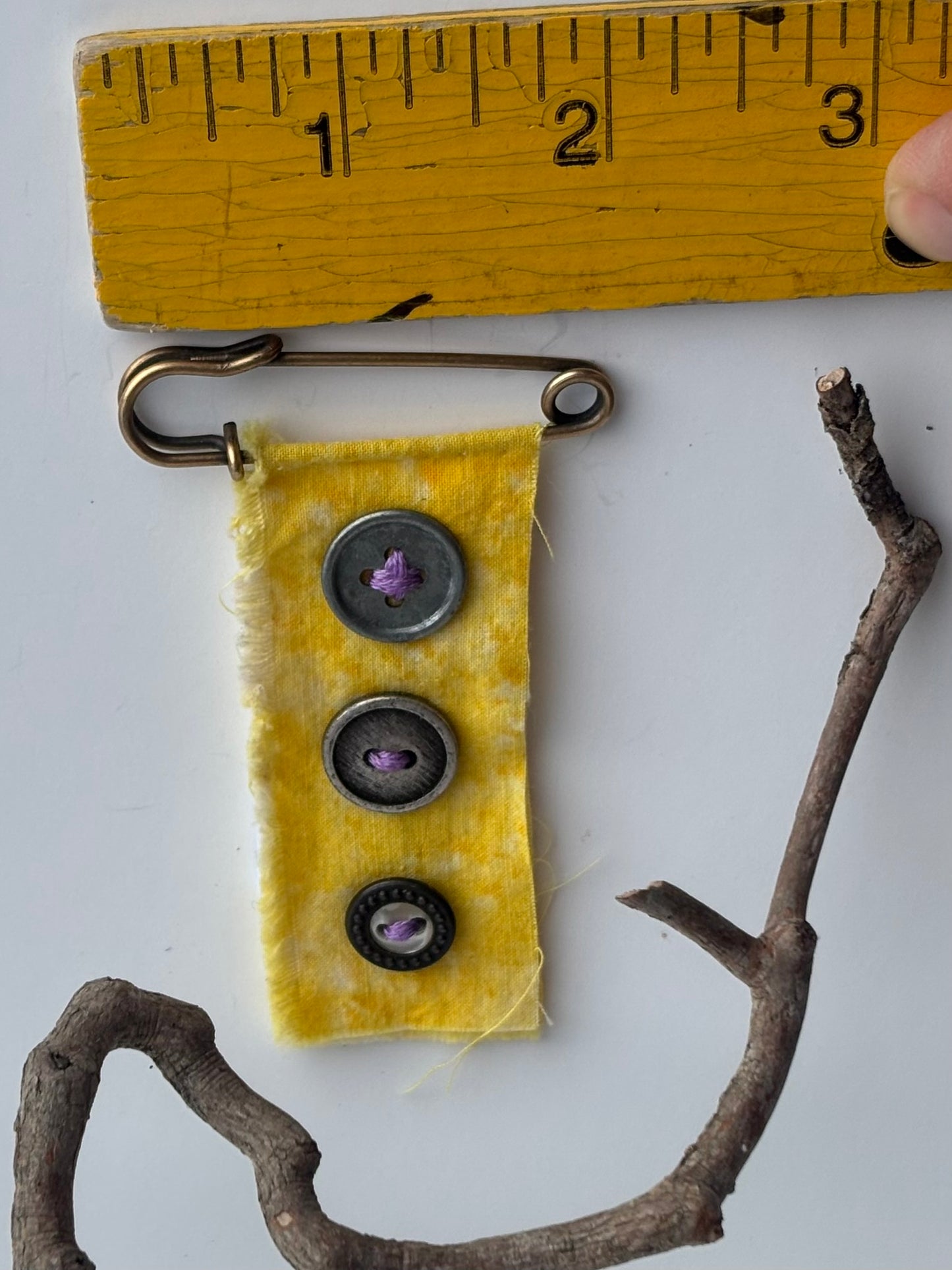 OOAK Textile & Vintage Buttons Brooch - yellow, pewter buttons