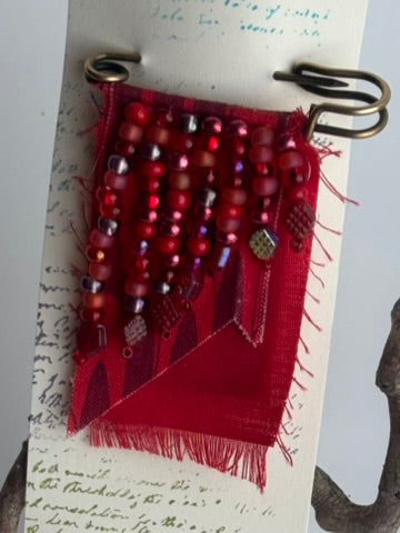 OOAK Red Beaded Textile Brooch