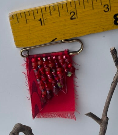 OOAK Red Beaded Textile Brooch