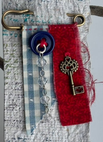 OOAK Textile Brooch - red, blue, vintage button, new charm