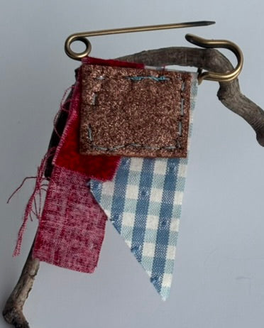 OOAK Textile Brooch - red, blue, vintage button, new charm