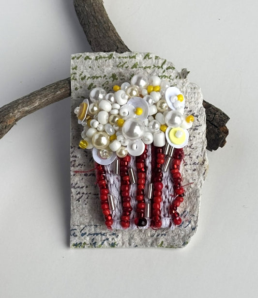 OOAK Hand Beaded Movie Theatre Popcorn Tub Brooch