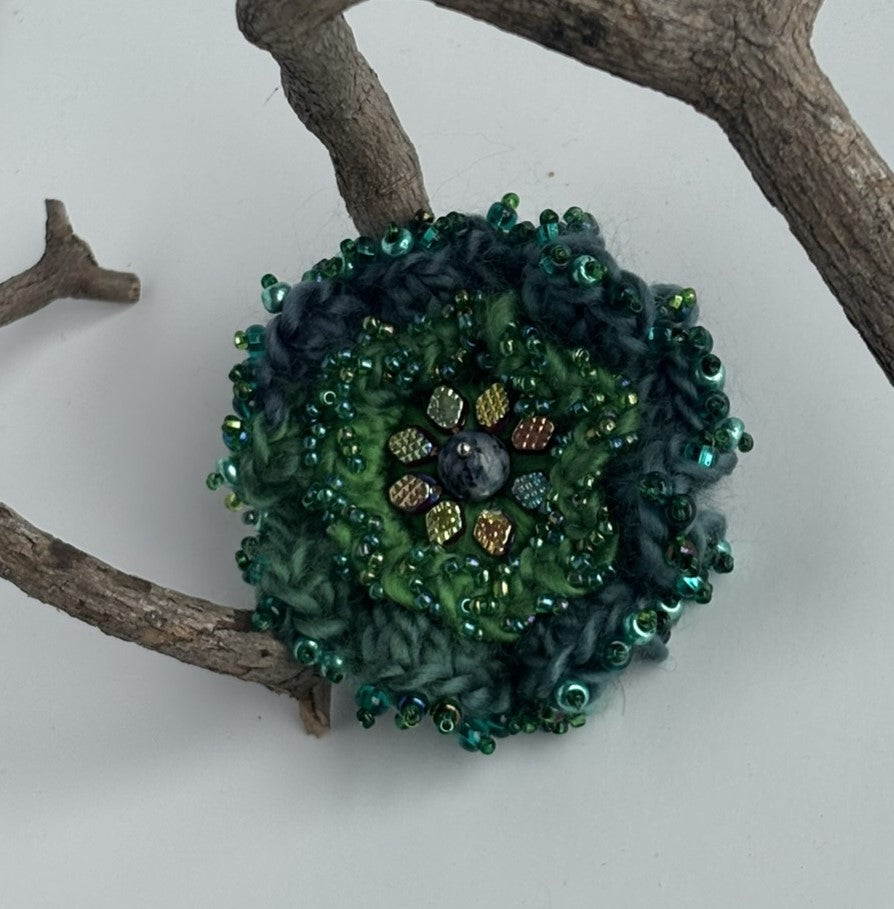OOAK Dusky Green & Blue Crocheted Flower Brooch