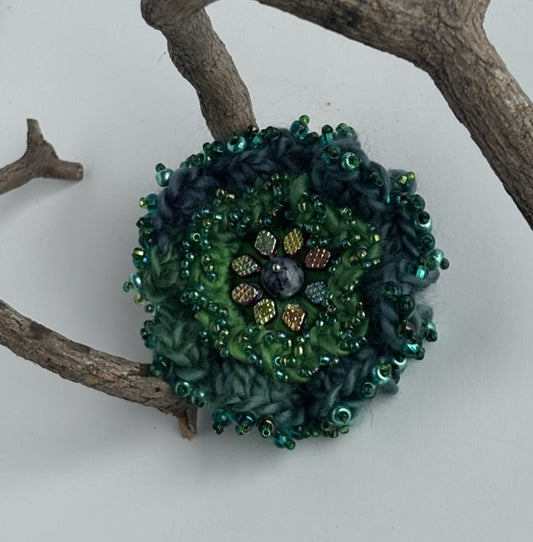 OOAK Dusky Green & Blue Crocheted Flower Brooch